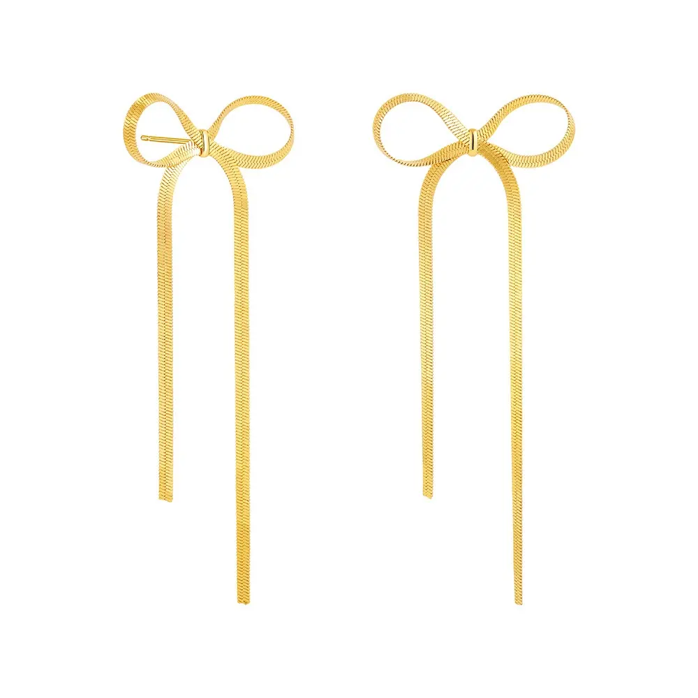 Hot Selling Trendy 18K Gold Plated Tarnish Free Stainless Steel Snake Chain Long Butterfly Knot Bow Tassel Earrings for Girls