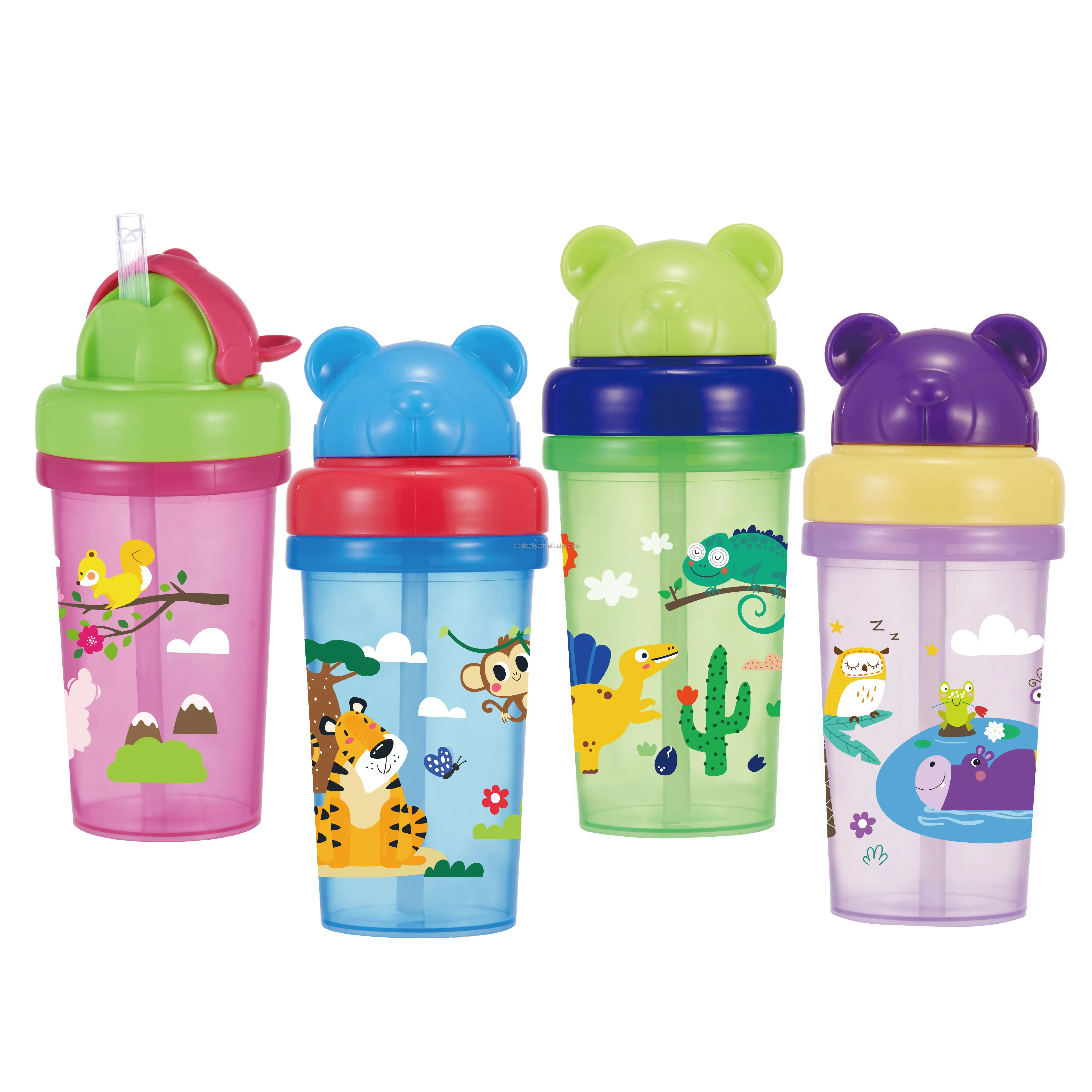 10oz/300ml komik hayvan kapak PP bebek su şişesi BPA ücretsiz bebek saman fincan