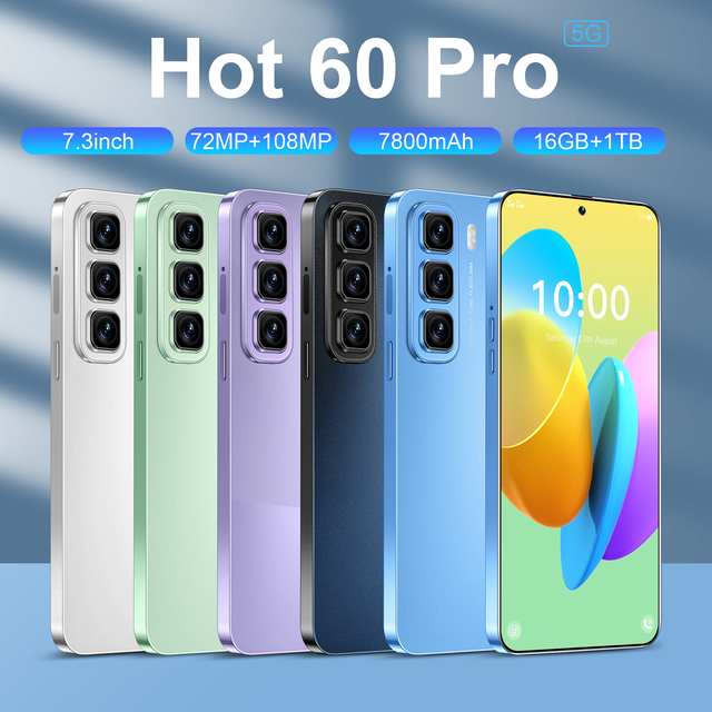 2026 Real High Quality Hot 60 Pro 16 + 1 Tb Big Screen Android 15 108MP 144Hz Octa Core CDMA French/Spanish Unlocked Smartphone