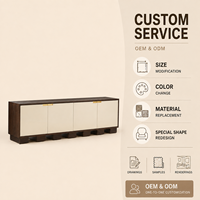 Meuble TV Console 4 Portes Panneaux Brillants Crème Cadre en Bois Foncé Poignées Dorées Console Multimédia Moderne Minimaliste pour Salon
