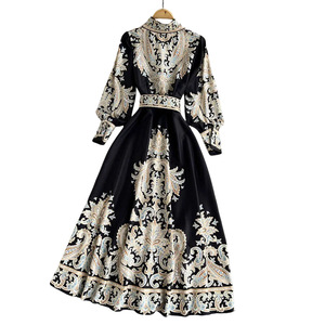 Europeo americano nueva moda Casual Retro estampado elegante francés gasa A-line silueta Midi longitud imperio primavera liso teñido - Product Image 5