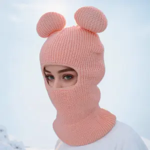 Ladies Knitted Ears Balaclava Face Mask Winter Warm Beanie Hat Earflap Hood 1 Hole Skimask White Pink Red Black Drop Ship