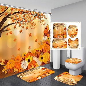 Cortina de Ducha de Poliéster con Diseño de Árbol Otoñal y Calabazas, Impresión Digital, Impermeable, Personalizada, Moderna, Venta al Por Mayor - Product Image 1