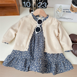 Tongxingyuan Girls Floral Dress Set With Knitted <b>Cardigan</b> Two Piece Autumn Outfit <b>Beige</b> Blue Cotton Kids Clothing - Product Image 1