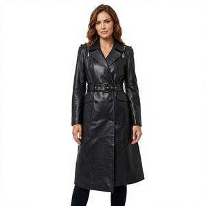 Gabardina Negra de Cuero Genuino Ecológico de Secado Rápido, Doble Botonadura, con Cinturón, Largo Midi, Ropa Exterior para Mujer, Otoño-Invierno - Product Image 2