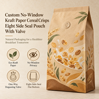 Sachet personnalisé en papier kraft sans fenêtre pour céréales et chips, scellé sur huit côtés avec valve, pour la vente au détail et en gros