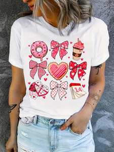 T-shirt da donna taglie forti per San Valentino, a maniche corte, girocollo, con stampa fiocco e motivo caffè, casual, per tutte le stagioni, 100% cotone jersey - Product Image 3