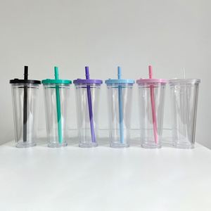24 Oz Reusable Double Wall <b>Plastic</b> Boba <b>Cups</b> Tumbler Pre-Drilled Bubble Tea <b>Cup</b> With Lids and Straws - Product Image 4