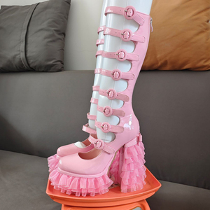 Summer Cut Out Knee High <b>Boots</b> Women Buckles Thick Lace Platform Chunky Heels Back Zipper Patent Long Booties Big Size 47 Shoes - Product Image 6