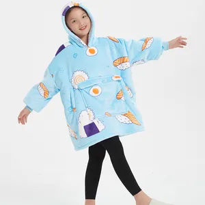 Produsen pabrik asli grosir hooded wearable sweatshirt flanel sherpa anak-anak kebesaran hoodie selimut