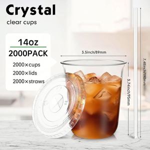 2000 Sets Gobelets à café glacé transparents en PET de 14 oz avec fond en U anti-déversement, couvercles et pailles pour boissons froides, jus et fournitures de fête - Product Image 3