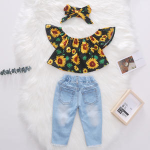 2021 Baby Girl 3Pcs Set Girls Off Shoulder Sunflower Print Top Ripped Denim Pants <b>Headband</b> Toddler Outfits Summer Kids Clothes - Product Image 3