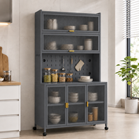 Meuble de rangement de cuisine en métal avec panneau perforé, étagères réglables, porte vitrée et meuble à roulettes