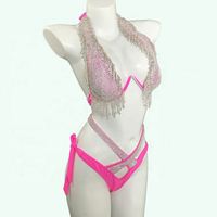 Ensemble de bikini scintillant pour femme avec strass et diamants, maillot de bain couleur unie populaire, soutien-gorge sexy pour femme, tenue de danse exotique rose sexy