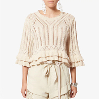 Haut court en tricot torsadé et crocheté, à col festonné personnalisé, double volant et découpes, pour les vacances à la plage, style décontracté, par un fabricant de vêtements
