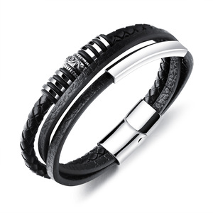 Multi Layer Hand Woven <b>Leather</b> <b>Bracelet</b> For Men Black Gold Gradient Skeleton Design Magnetic Buckle Jewelry Gift - Product Image 4