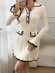 Abito a trapezio con orlo a balze e blocchi di colore |   Elegante Casual con Bottoni Frontali, Maniche Lunghe, Vita Naturale, Tessuto a Costine Lavorato a Maglia per Donna - Product Image 4