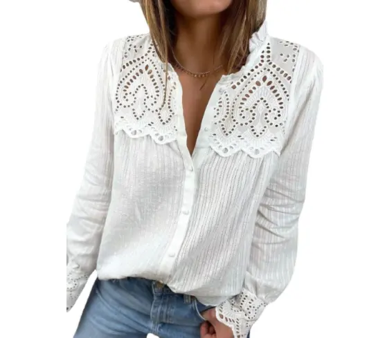 High Quality Plus Size Cotton Lace Top Shirt Women Casual Autumn Long Sleeve Blouse