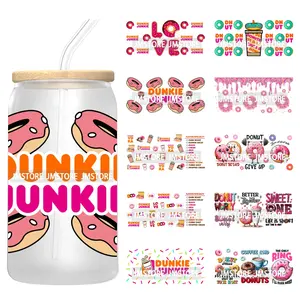 Vinilos Adhesivos para Vasos Dunkie Junkie Coffee Donuts, Transferencia UV DTF, Autoadhesivos, Impermeables, de Alta Calidad para Vasos Libbey de 16 Onzas - Product Image 1