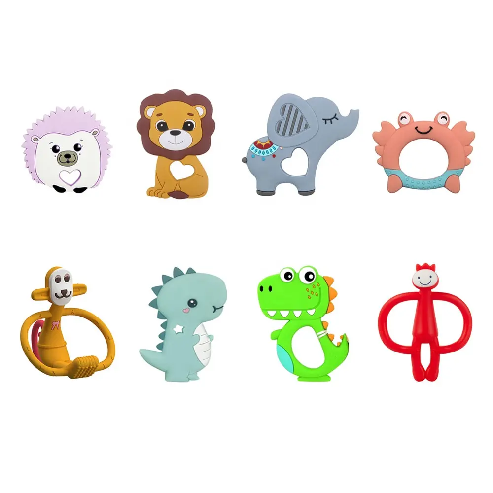 8 Styles Food Grade New Baby Molar Chewing Toy Lion Dinosaur Elephant Crab Hedgehog Monkey Teether Silicone Teethers for Kids
