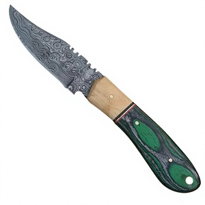 Couteau de chasse à lame fixe en acier Damas, pointe en U, manche vert, couteau de survie pour extérieur avec étui en cuir - Product Image 3