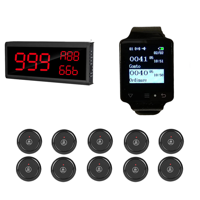 Wireless Restaurant Clinic Call System Customer Watch Pager Calling 10 Table Call Buttons 1 Display Receiver 1 Waiter Watch