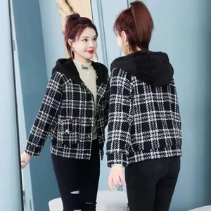 Hooded Plaid Short <b>Coat</b> For Women Thickened With Lamb Wool <b>Lined</b> Fleece Keep Warm Loose Fit Full Sleeve Winter Outerwear - Product Image 1