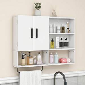 Organisateurs <span class=keywords><strong>de</strong></span> salle <span class=keywords><strong>de</strong></span> bain en bois, armoire <span class=keywords><strong>de</strong></span> rangement au-dessus des toilettes avec 2 portes, étagères réglables et <span class=keywords><strong>porte</strong></span>-serviettes - Product Image 1