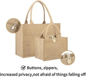 Sac fourre-tout en lin et jute imperméable doublé avec fermeture double bouton et fermeture éclair pour le shopping – Vente en gros - Product Image 2