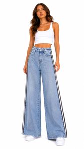 Jeans da Donna a Vita Alta e Gamba Larga con Striscia Laterale a Contrasto, Vestibilità Comoda, Lunghezza Intera, Blu Stonewashed - Product Image 2