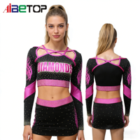 Vêtements de cheerleading sur mesure en polyester/spandex respirant et confortable avec cristaux AB, tenue de cheerleader sexy et tendance, vente en gros