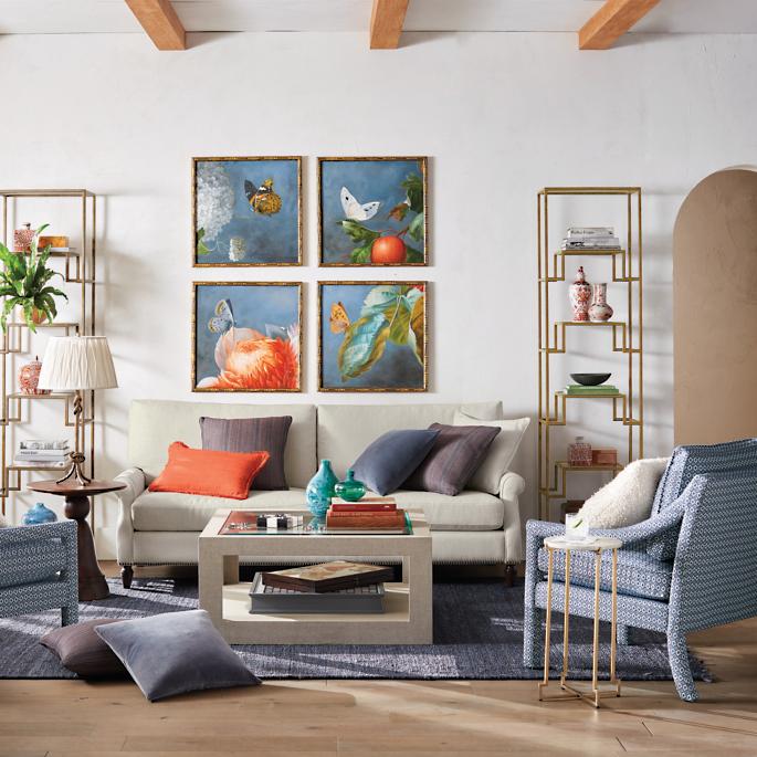modern living room thin gently sloped arms single seat sofa armchair
