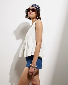 Customized 2025 Summer New Arrival High Quality White Sleeveless Pleated Women's Casual Loose Woven 100% Cotton OEM ODM Apparels - Product Image 3