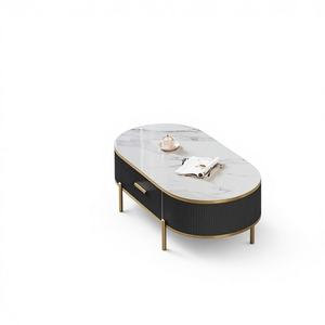 Mesa de Centro Moderna Blanca/Dorada con Cajón, Tapa de Piedra Sinterizada, Base Blanca/Gris, Modelo D0100H7BS62 - Product Image 1