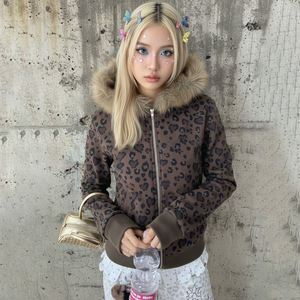 Veste à capuche zippée à imprimé léopard style Y2K avec bordure en fourrure, sweat à capuche streetwear décontracté et tendance pour femme - Product Image 2