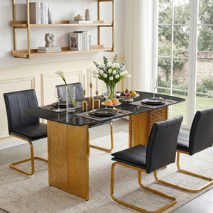 OEHOME Modern-Style Rectangular Tempered Glass Dining <b>Table</b> 6-Piece Set Marble-Patterned Design Golden Hollow-Out Metal <b>Legs</b> - Product Image 3