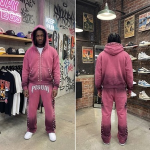 ผู้ผลิตเสื้อฮู้ดดี้แบบกำหนดเอง เสื้อฮู้ดดี้แบบซิปหนัก 420 กรัม ชุดวอร์มประดับคริสตัล ชุดฮู้ดดี้ทรงหลวมสำหรับสตรีทแวร์ TKAN550 - Product Image 3