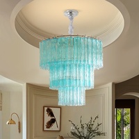 Lustre LED en verre soufflé à la main de style français bleu ciel avec finition argentée suspendu pour salon, chambre à coucher, salle à manger