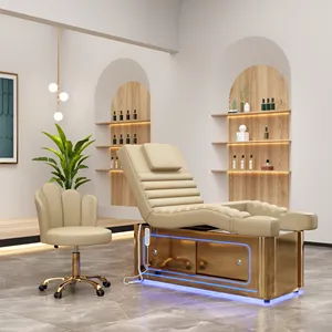 Nieuwste Ontwerp Led Foot Spa Gezichtsbed Romig Geel Leer Schoonheid Voor Salon Schoonheid Gezichtsspa Massage Pedicure Bedden