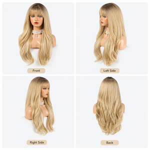 Peluca Larga Ondulada Rubio Miel con Flequillo y Raíz Oscura, Resistente al Calor, <span class=keywords><strong>de</strong></span> <span class=keywords><strong>Cabello</strong></span> Sintético en Capas, Directo <span class=keywords><strong>de</strong></span> Fábrica, <span class=keywords><strong>para</strong></span> Uso Diario y <span class=keywords><strong>de</strong></span> Moda <span class=keywords><strong>para</strong></span> Mujeres - Product Image 4