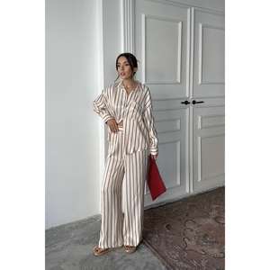 Costume en satin rayé bordeaux ODM en gros, 100 % soie, taille élastique, imprimé thermique, pour vêtements d'intérieur, XS, respirant, été/hiver - Product Image 5