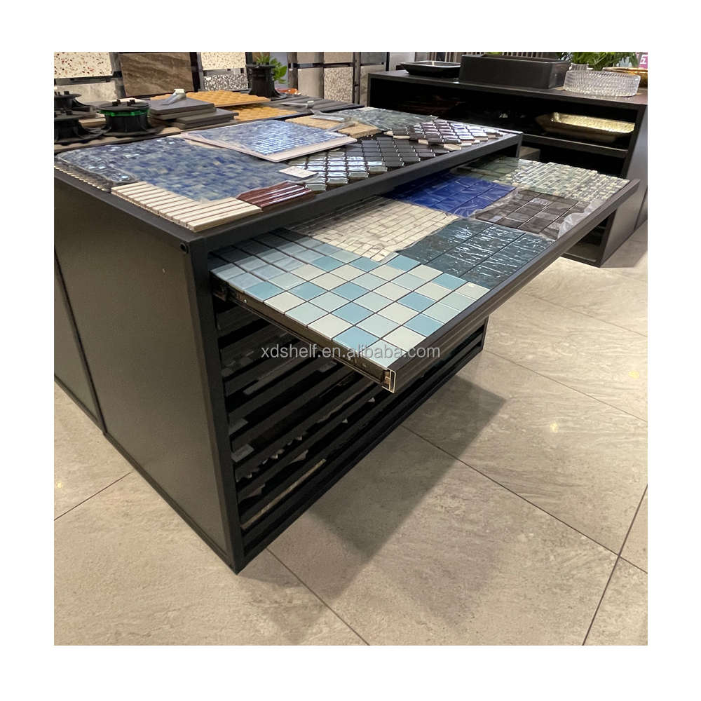 showroom slab tile mosaic quartz stone marble metal retail store supermarket shelf countertop display rack