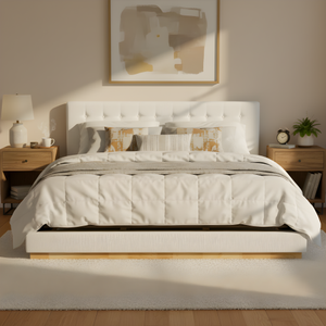 Adjustable <b>Convertible</b> Solid Rubber Wood King Platform <b>Bed</b> Upholstered Headboard Modern Tufted Design Sturdy Slat Support - Product Image 2