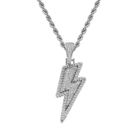 Pendentif Éclair en Laiton Plaqué Or/Argent CN204 Sertie de Zircons Cubiques avec Chaîne Corde, Collier Bijou Hip Hop Unisexe, Idéal Cadeau de Fête