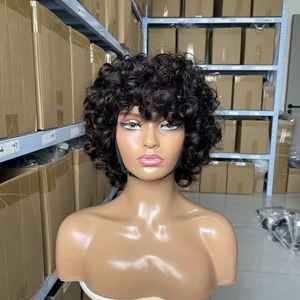 12A Wholesale 100% Natural Brazilian Hair Short <strong>Pixie</strong> <strong>Wig</strong> with Hairband Machine <strong>Curled</strong> #1B in Stock - Product Image 2