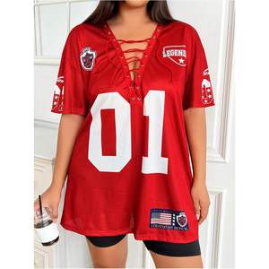 Camiseta de malla personalizada para mujer, talla grande, cuello en V, manga corta, con cordones, número 01, gráfico Legend, estilo urbano. - Product Image 1