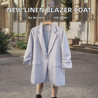 EGLORY Nouveau Blazer en Soie et Lin Anti-Plis de Haute Qualité, Couleur Unie, Printemps 2026, pour Femme, Col Cranté, Bouton Unique, Manches Longues