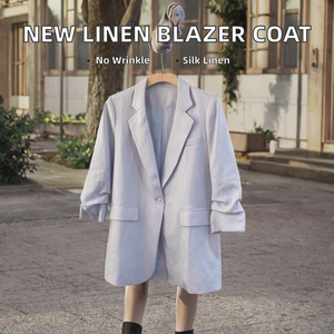 High Quality New Silk <b>Linen</b> Solid <b>Blazer</b> Coat 2026 Spring Women Notched Collar Single Button Full Sleeve Casual Blue White <b>Black</b> - Product Image 2