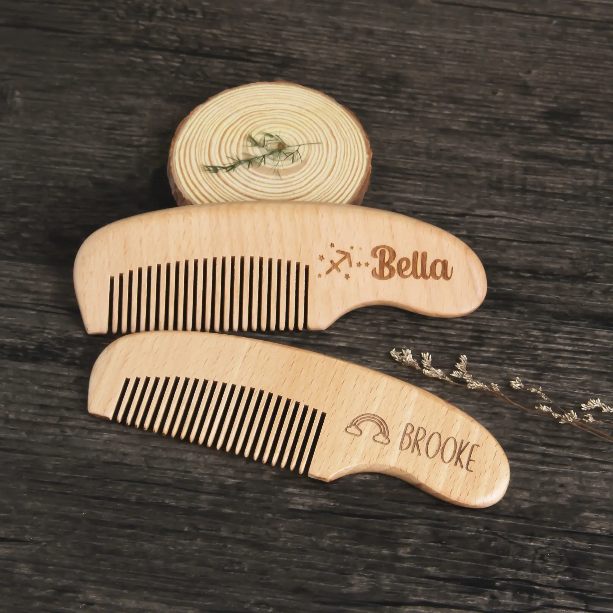 Personalized Wooden Baby Hair Brush & Comb Set Custom Engraved Newborn & Toddler Gift from Baby Shower