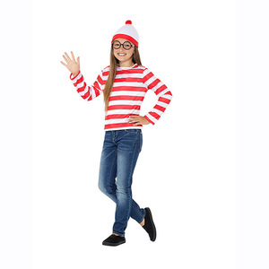 Costume de cosplay pour la semaine du livre Waldo parent-enfant, chemise à rayures, pantalon, chapeau, lunettes, kit est <span class=keywords><strong>Wally</strong></span>, costume d'Halloween unisexe pour adulte - Product Image 5
